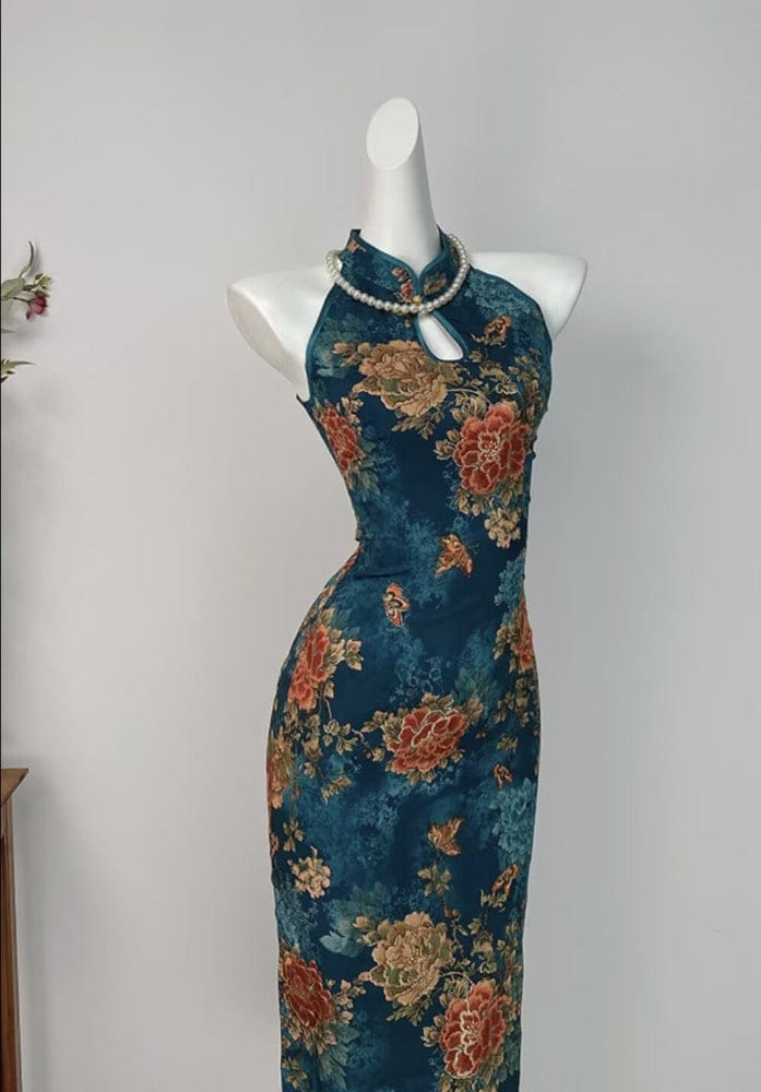 Beth and Brian Qipao-DYC Water drop collar, halter blue midi Cheongsam