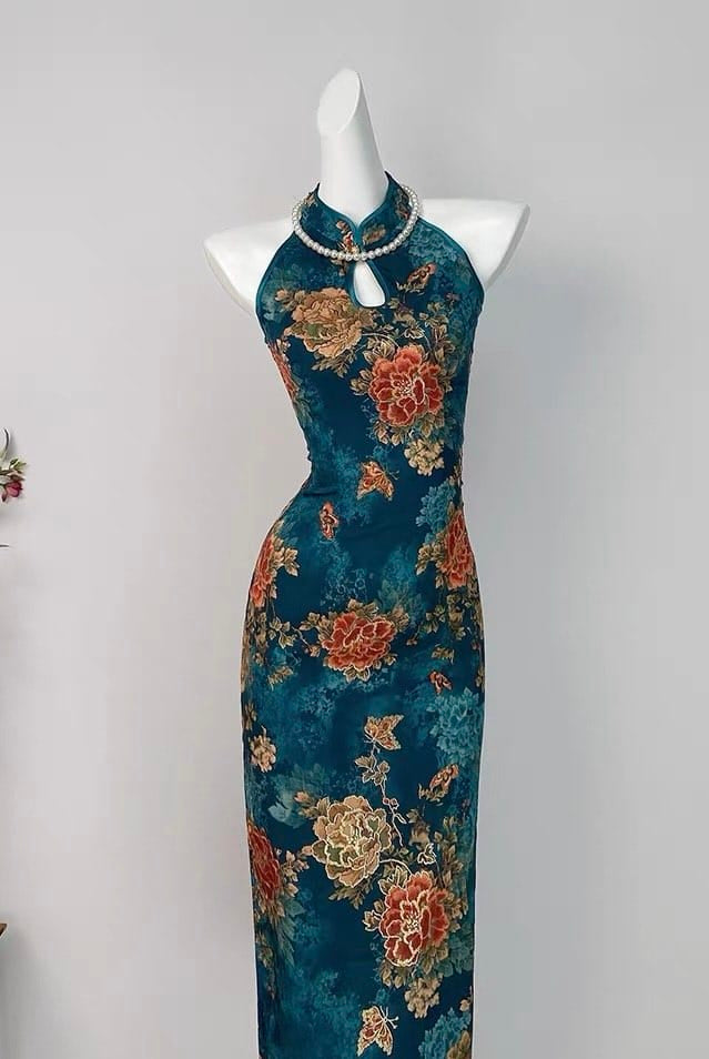 Beth and Brian Qipao-DYC Water drop collar, halter blue midi Cheongsam