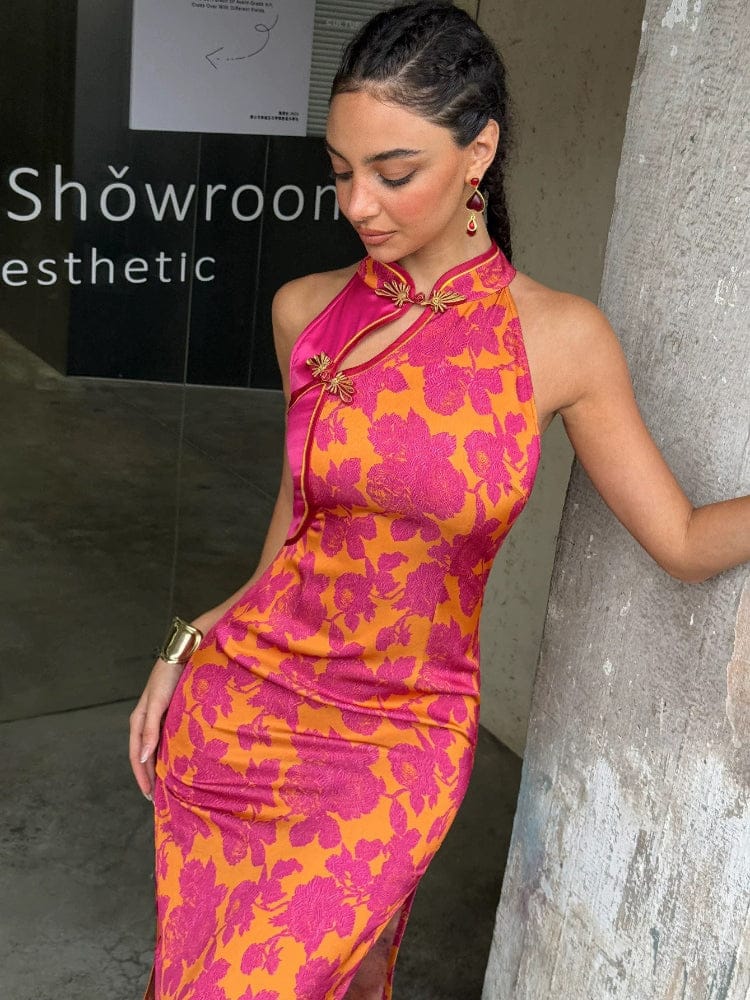 Beth and Brian Qipao-DL High-end midi Qipao With Frog Buttons & Contrast Piping