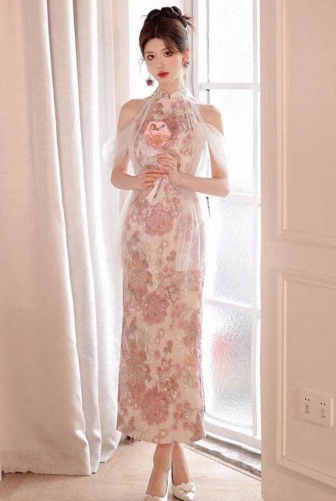 Beth and Brian Qipao-HX New Chinese style (新中式), floral pattern, sequins pink long Cheongsam