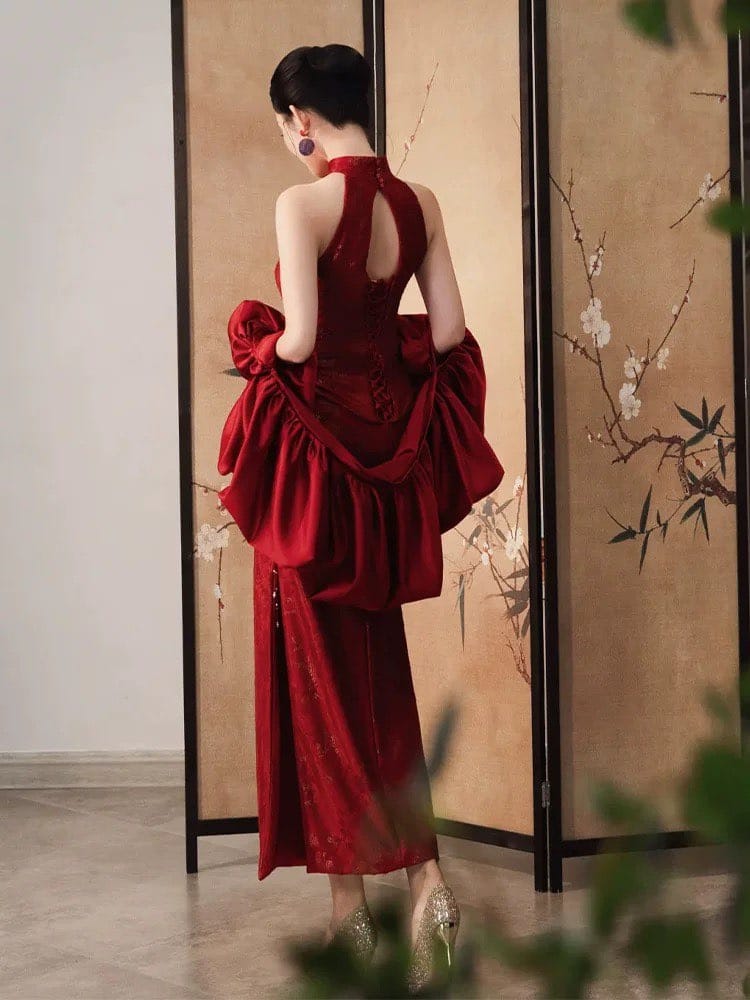 Beth and Brian Qipao-SX Backless, New Chinese style (新中式), wine red long Cheongsam