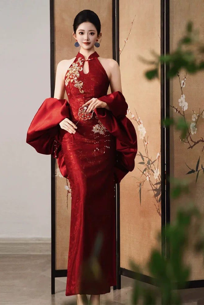 Beth and Brian Qipao-SX Backless, New Chinese style (新中式), wine red long Cheongsam