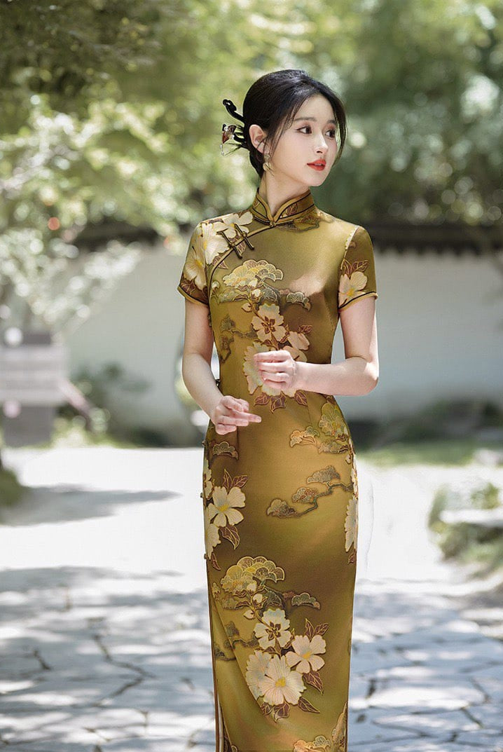 Beth and Brian Qipao-JXGZ Floral pattern, silk satin, gold long Cheongsam