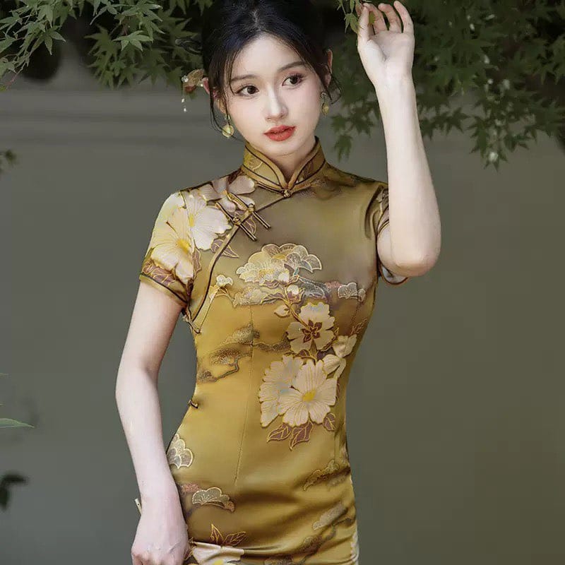 Beth and Brian Qipao-JXGZ Floral pattern, silk satin, gold long Cheongsam