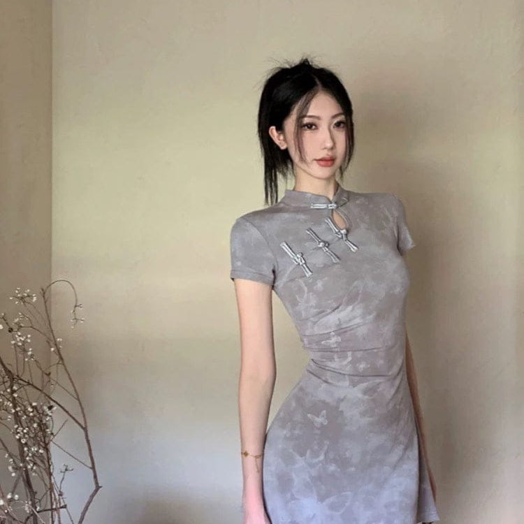 Beth and Brian Qipao-QMZ Butterfly print, short Cheongsam with short sleeves