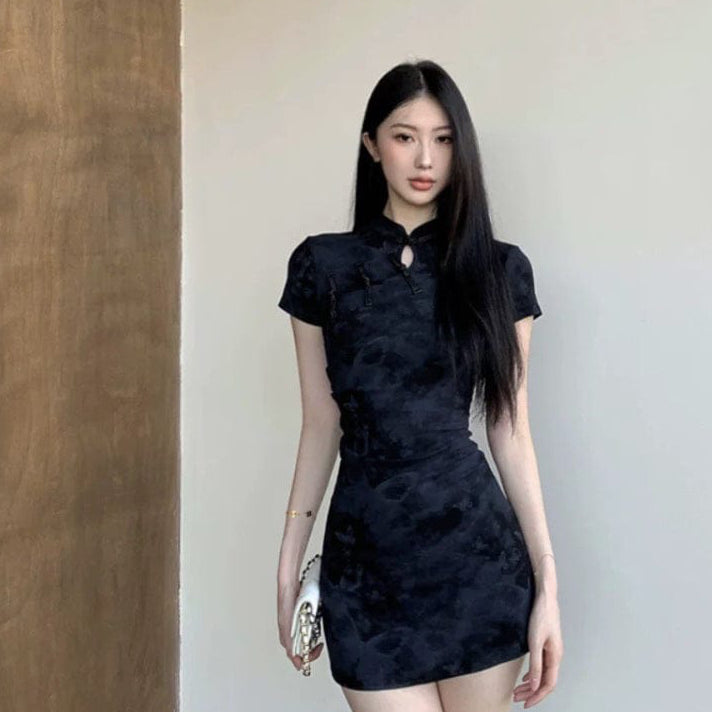 Beth and Brian Qipao-QMZ Butterfly print, short Cheongsam with short sleeves