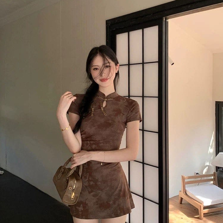 Beth and Brian Qipao-QMZ Butterfly print, short Cheongsam with short sleeves