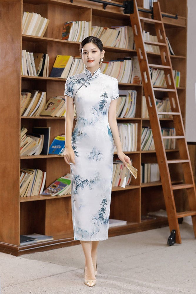 Beth and Brian Qipao-JXGZ Chinese Landscape Painting Pattern, White Long Cheongsam