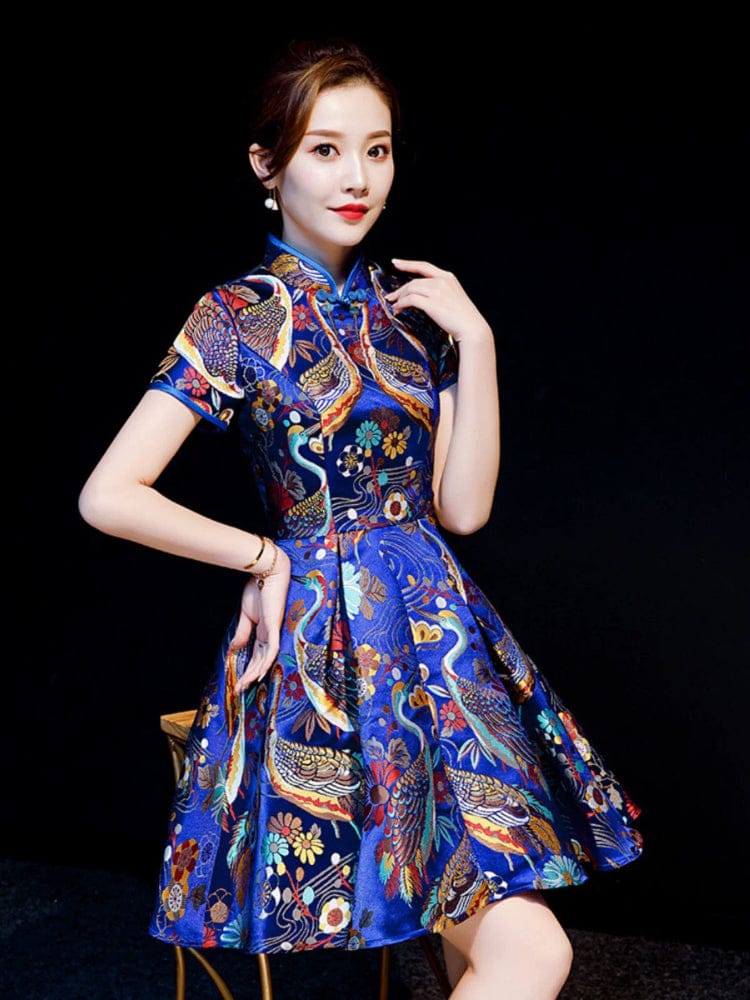 Beth and Brian Qipao-ZYX Red-crowned Crane Print, high end short Cheongsam