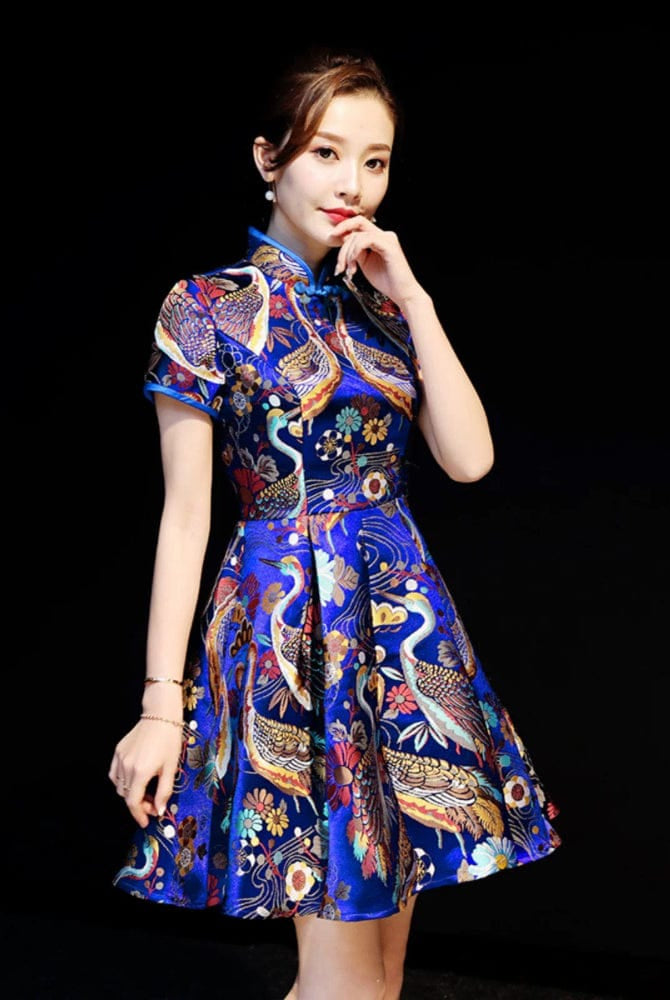 Beth and Brian Qipao-ZYX Red-crowned Crane Print, high end short Cheongsam
