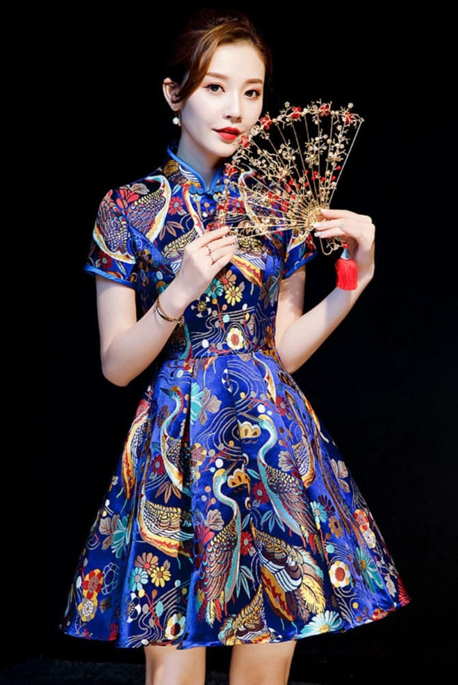 Beth and Brian Qipao-ZYX Red-crowned Crane Print, high end short Cheongsam