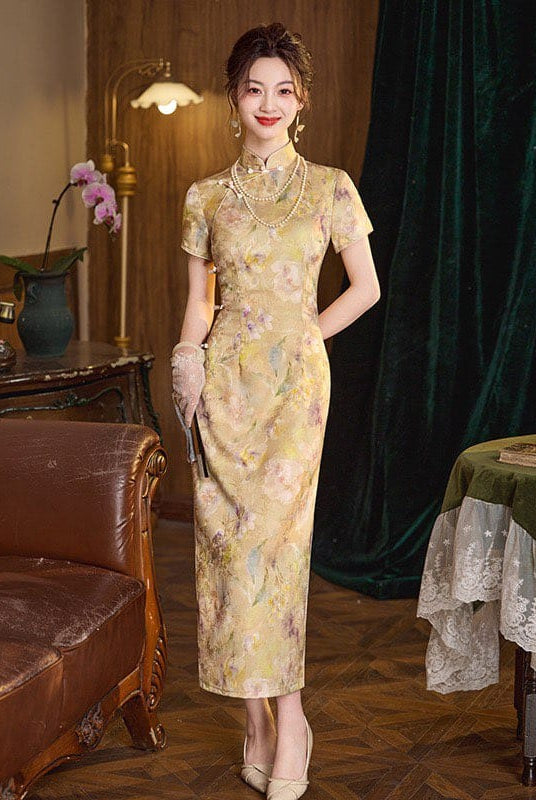 Beth and Brian Qipao-SMQ Floral pattern, jacquard satin midi Cheongsam