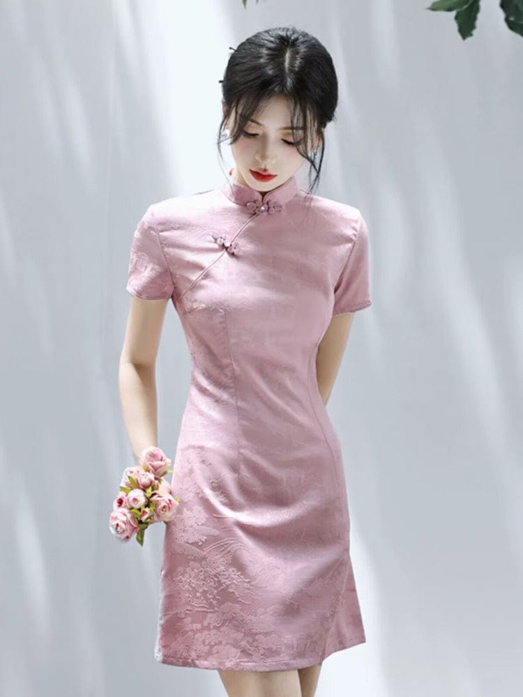 Beth and Brian Qipao-SGN A-line, acetate jacquard short Cheongsam