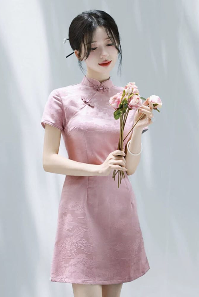 Beth and Brian Qipao-SGN A-line, acetate jacquard short Cheongsam