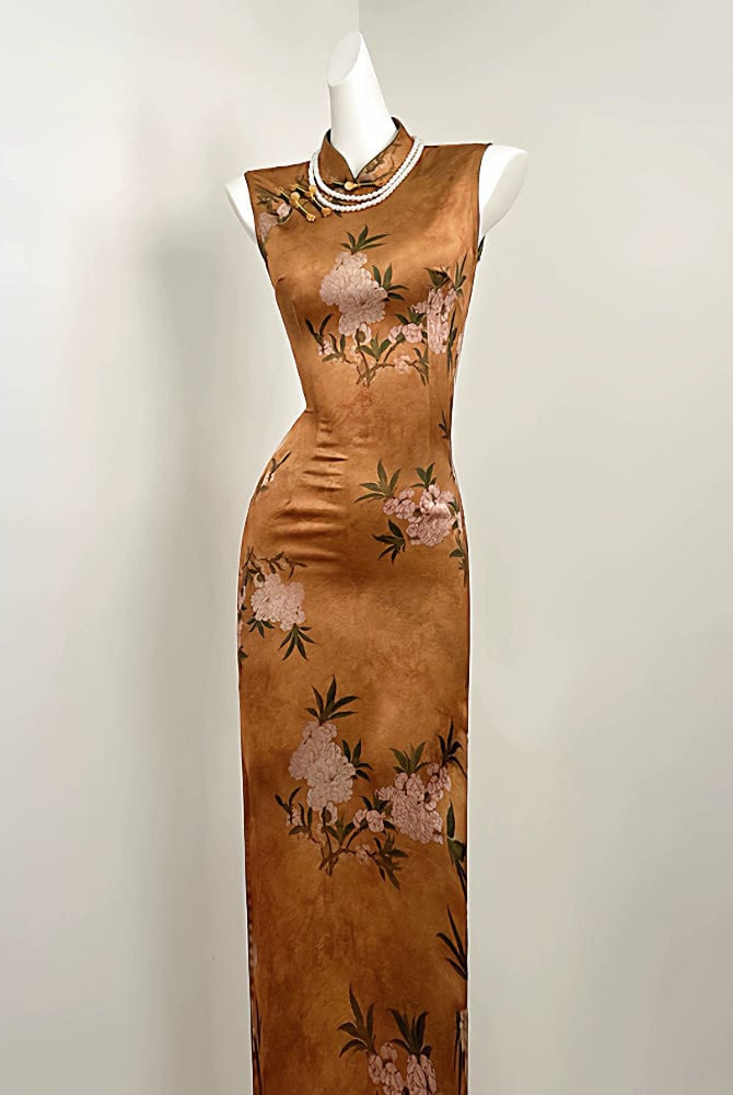 Beth and Brian Qipao-SGN Floral pattern, New Chinese style(新中式), satin long Cheongsam