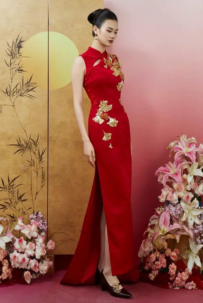 Beth and Brian Qipao-SX Ginkgo Leaf Embroidery, Hollow Out Wedding long Cheongsam