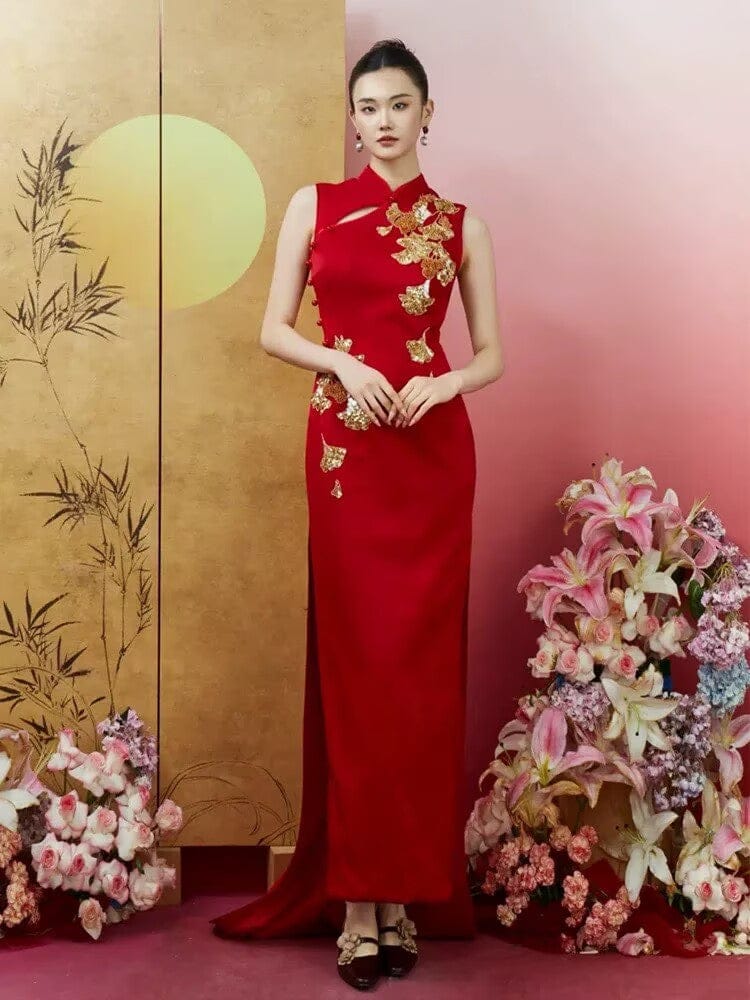 Beth and Brian Qipao-SX Ginkgo Leaf Embroidery, Hollow Out Wedding long Cheongsam