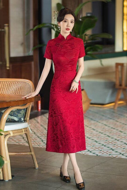 Beth and Brian Qipao-SYG Plus size, Auspicious Cloud Pattern, Red midi A-line Cheongsam