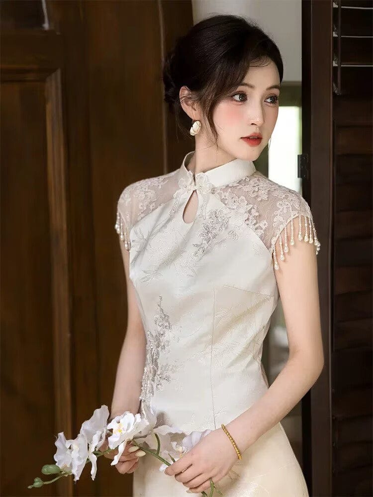 Beth and Brian Qipao-SX Water drop collar, wedding champagne long Cheongsam