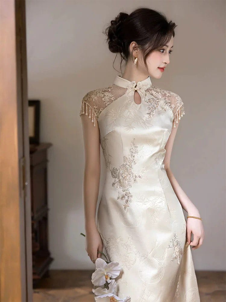 Beth and Brian Qipao-SX Water drop collar, wedding champagne long Cheongsam