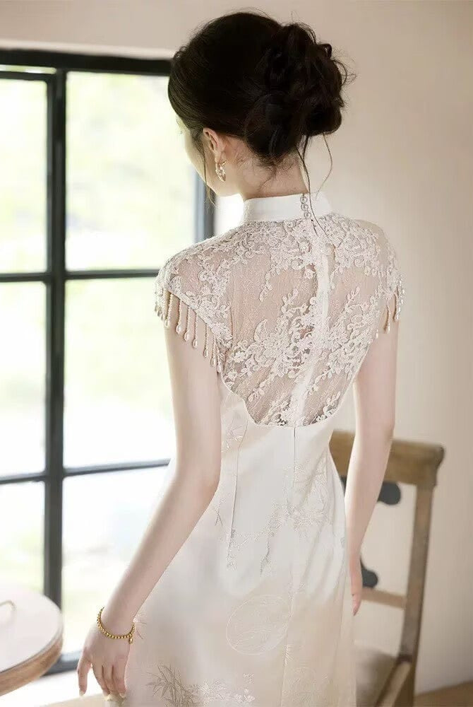 Beth and Brian Qipao-SX Water drop collar, wedding champagne long Cheongsam