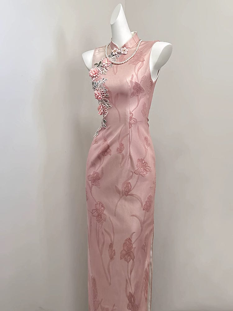 Beth and Brian Qipao-SGN Floral embroidery, jacquard pink long Cheongsam