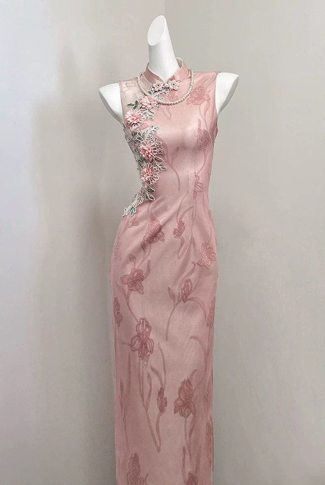 Beth and Brian Qipao-SGN Floral embroidery, jacquard pink long Cheongsam