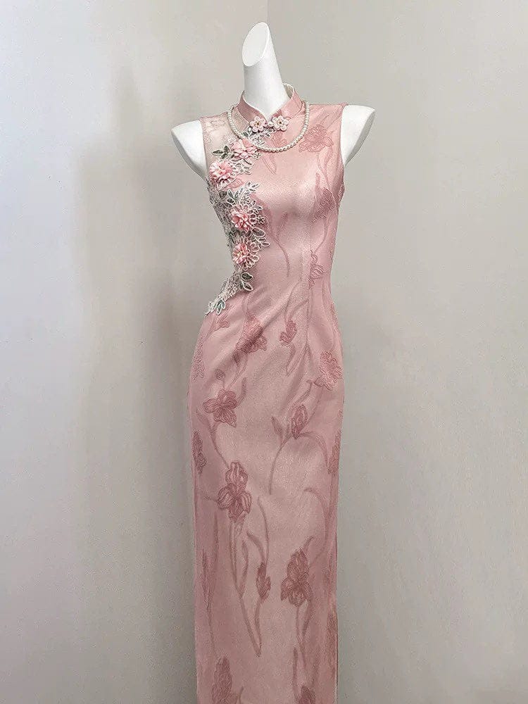 Beth and Brian Qipao-SGN Floral embroidery, jacquard pink long Cheongsam