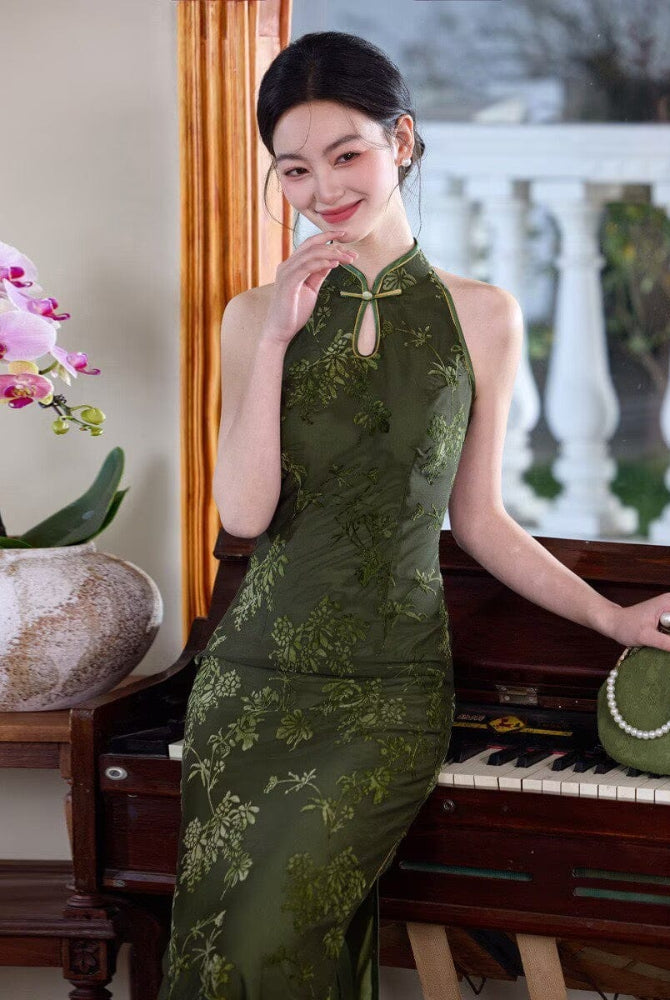 Beth and Brian Qipao-MYJ New Chinese style (新中式), floral pattern, green midi Cheongsam