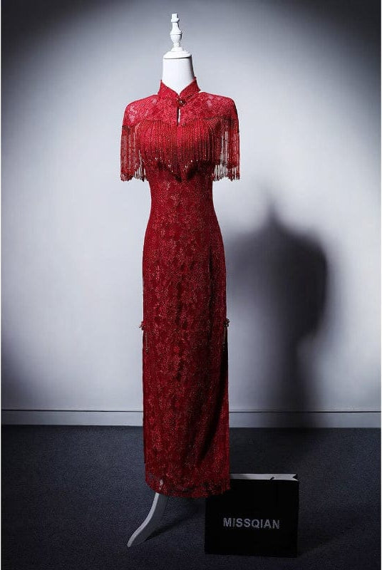 BethandBrianQipao-MY Floral pattern, red&champagne long wedding Cheongsam with shawl set
