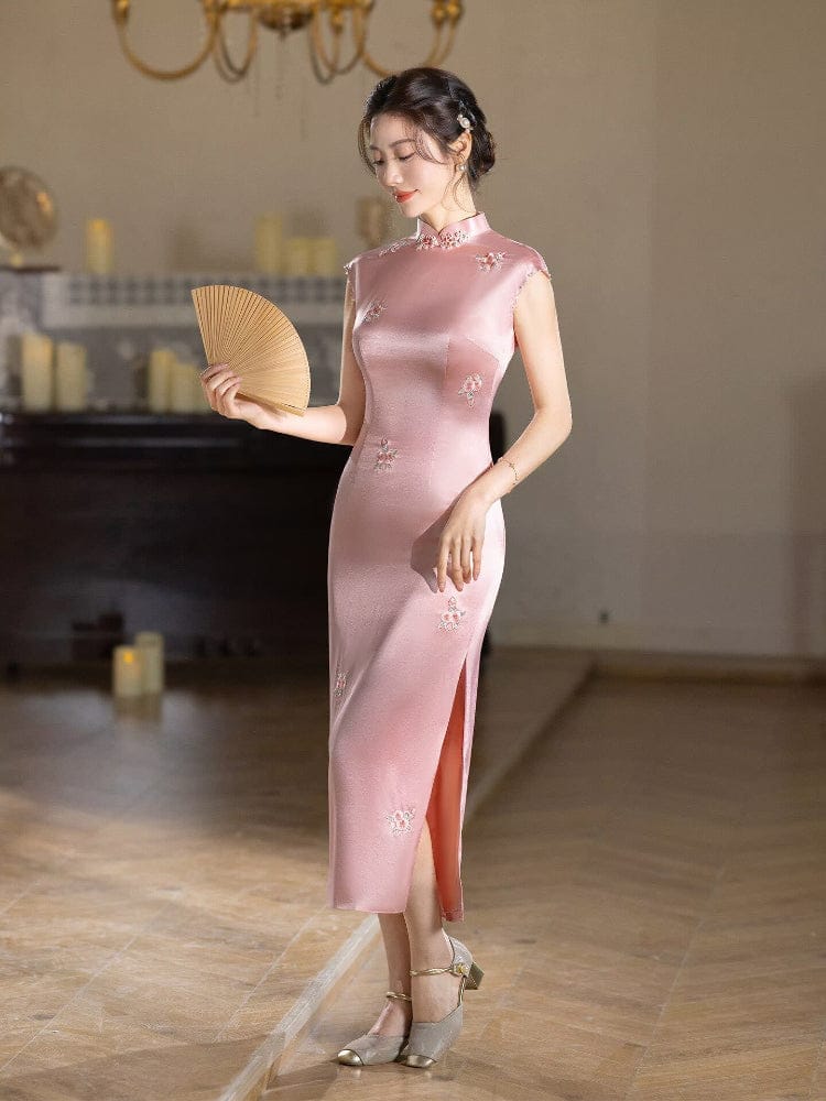 Beth and Brian Qipao-XLY Floral embroidery, acetate satin fabric, pink&white long Cheongsam