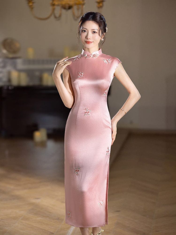 Beth and Brian Qipao-XLY Floral embroidery, acetate satin fabric, pink&white long Cheongsam