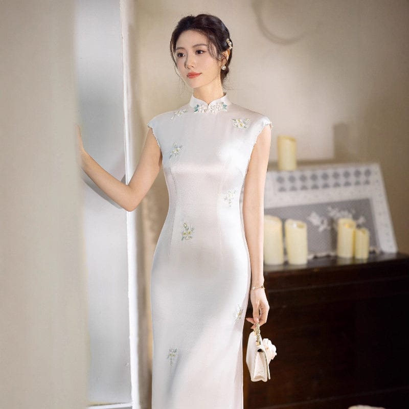 Beth and Brian Qipao-XLY Floral embroidery, acetate satin fabric, pink&white long Cheongsam