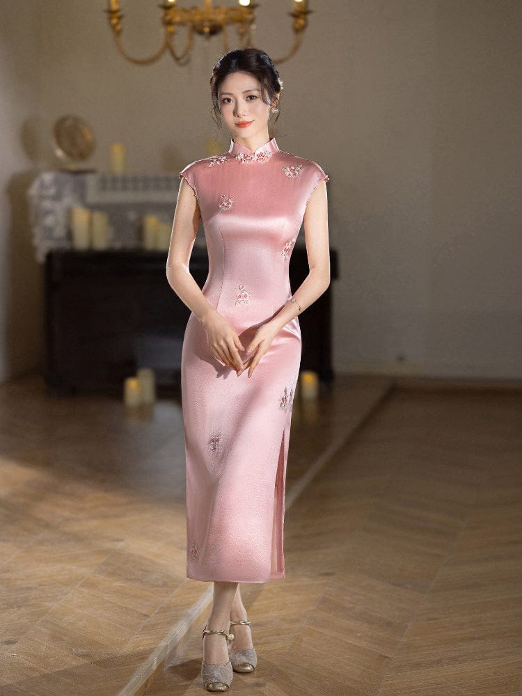 Beth and Brian Qipao-XLY Floral embroidery, acetate satin fabric, pink&white long Cheongsam