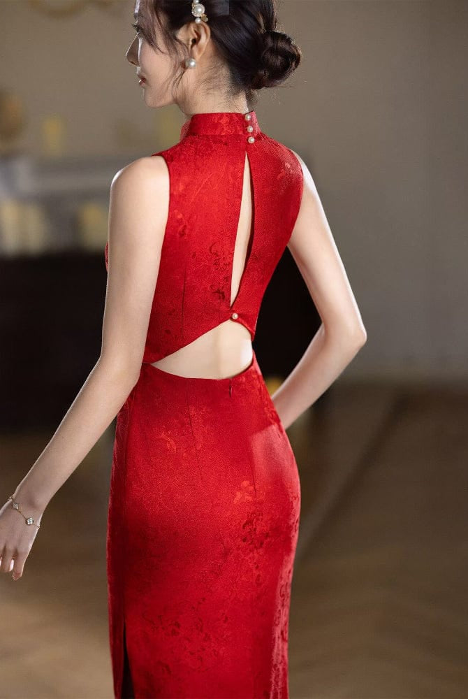 Beth and Brian Qipao-XLY Floral pattern, jacquard satin, red midi Cheongsam
