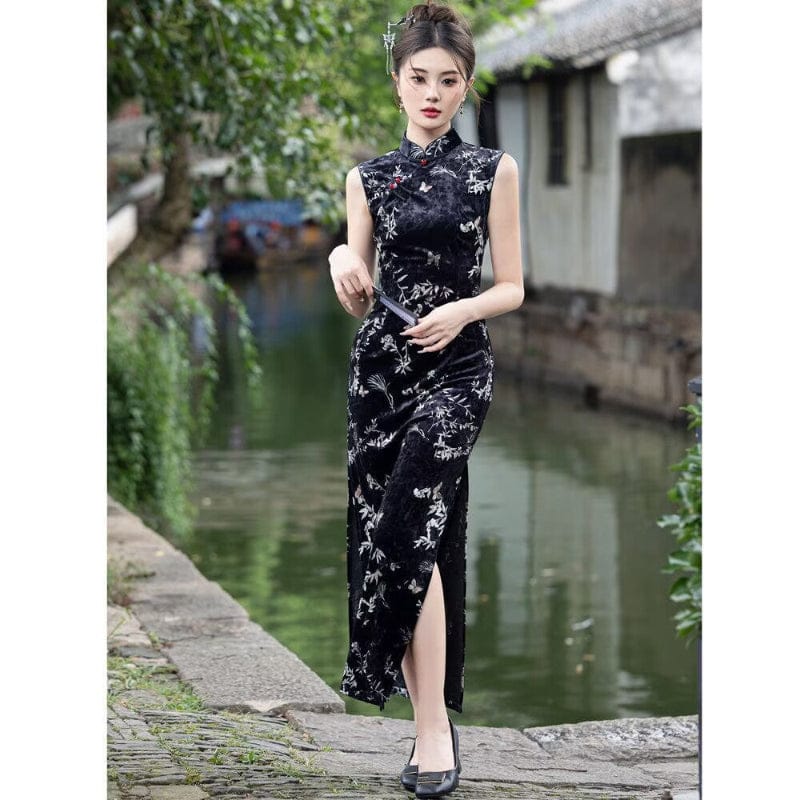 Beth and Brian Qipao-YS Spring collection, butterfly and floral pattern, velvet long Cheongsam