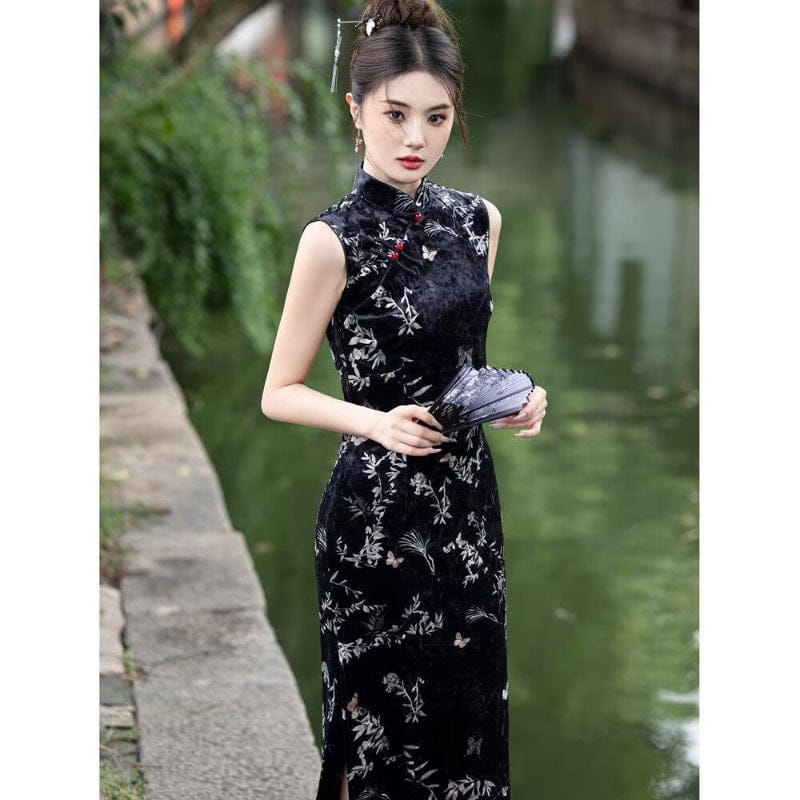 Beth and Brian Qipao-YS Spring collection, butterfly and floral pattern, velvet long Cheongsam