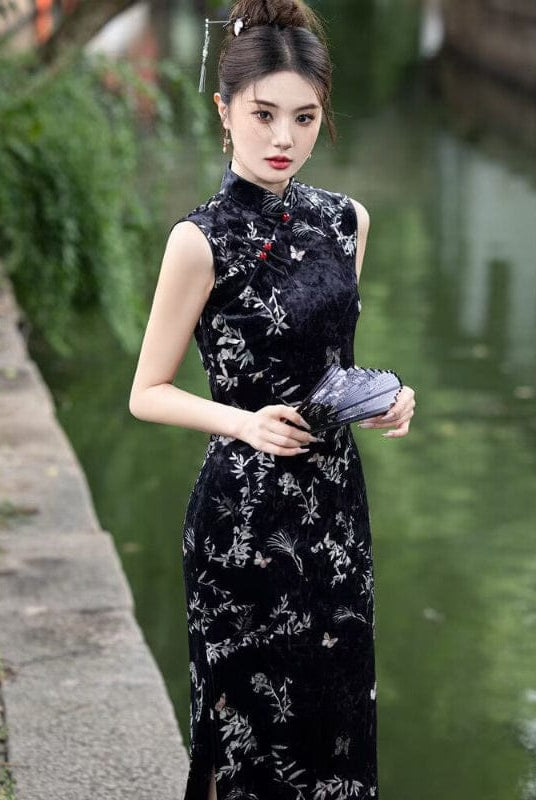 Beth and Brian Qipao-YS Spring collection, butterfly and floral pattern, velvet long Cheongsam