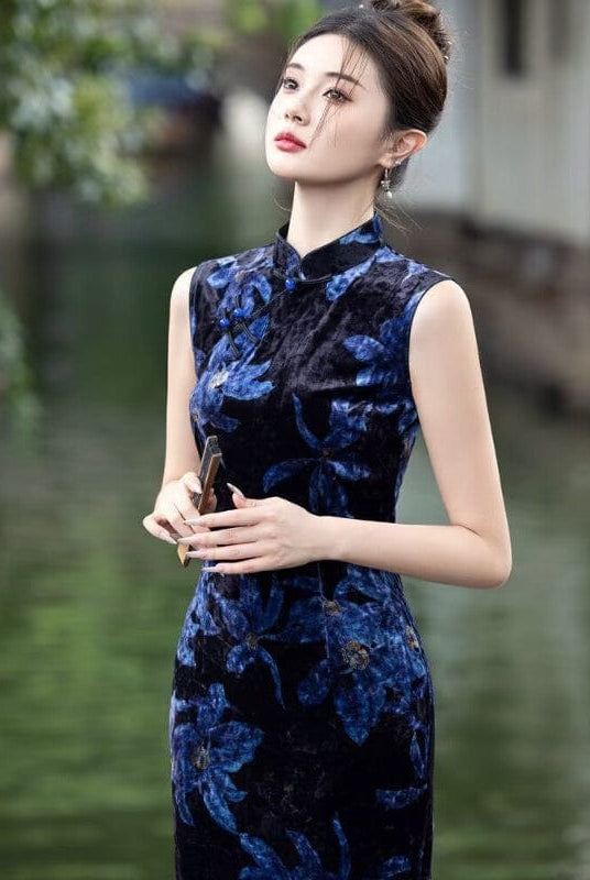 Beth and Brian Qipao-YS Spring collection, floral pattern, velvet long Cheongsam