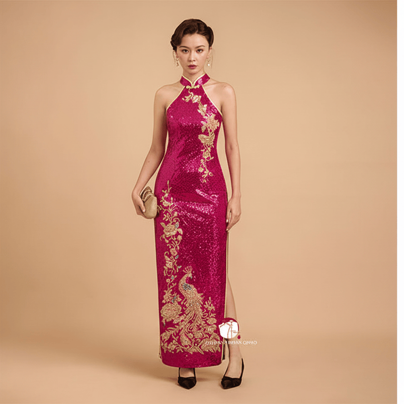 Beth and Brian Qipao-Exclusivedesigner Exclusive designer collection, Peacock embroidery, red sequins long Qipao