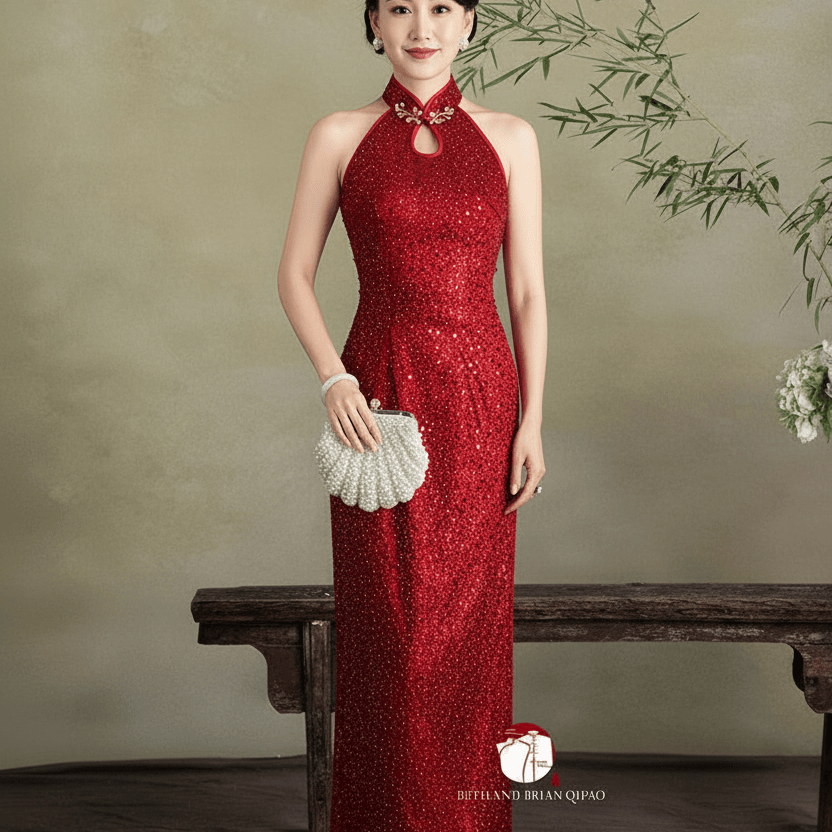 Beth and Brian Qipao - YB Exclusive designer collection, sequins red long Qipao