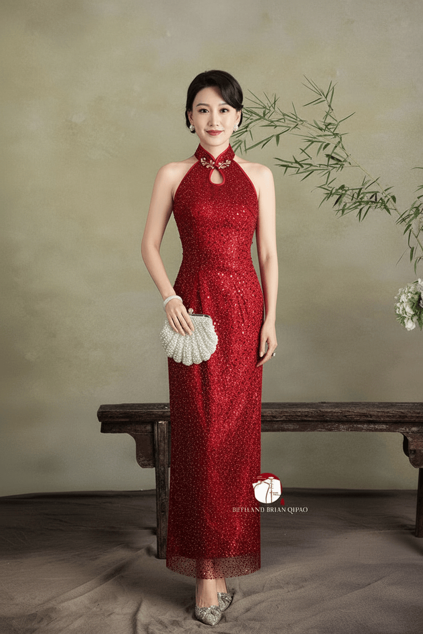 Beth and Brian Qipao - YB Exclusive designer collection, sequins red long Qipao