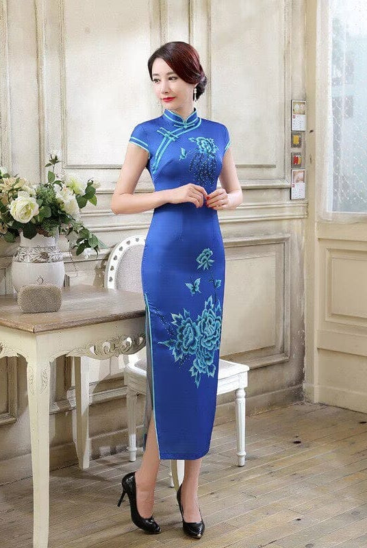 Beth and Brian Qipao-JXGZ Floral pattern, silk satin, green&blue long Cheongsam