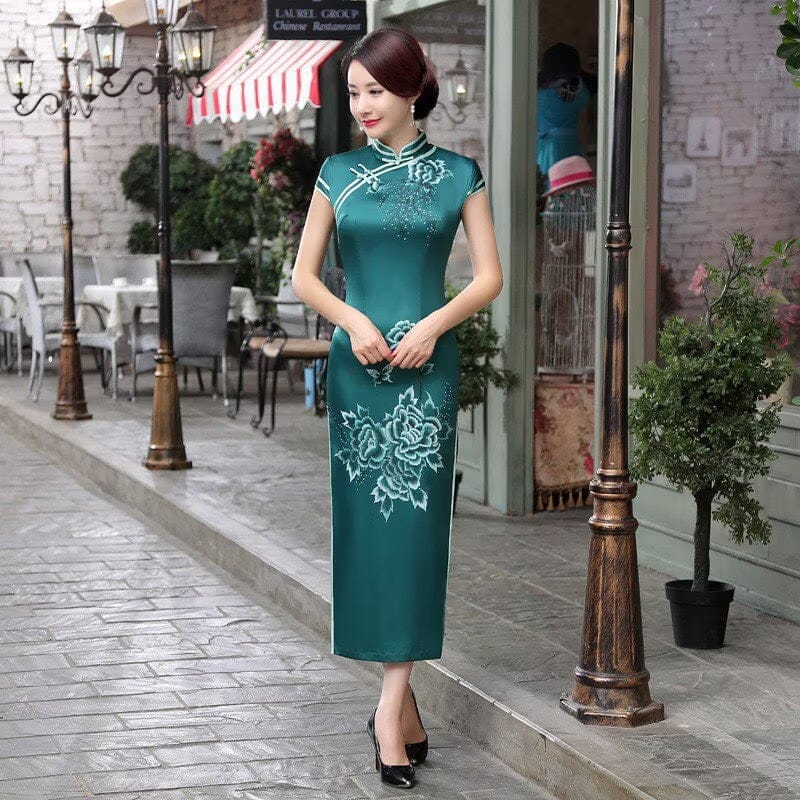 Beth and Brian Qipao-JXGZ Floral pattern, silk satin, green&blue long Cheongsam