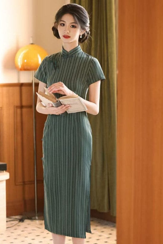 Beth and Brian Qipao-YS Stripe pattern, TR cotton mid-length Cheongsam