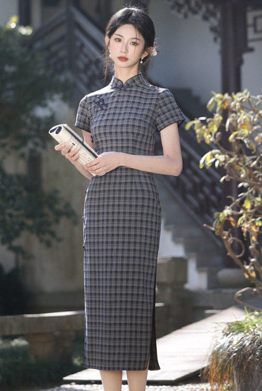 Beth and Brian Qipao-YS Plaid pattern, cotton fabric, coffee&blue midi Cheongsam