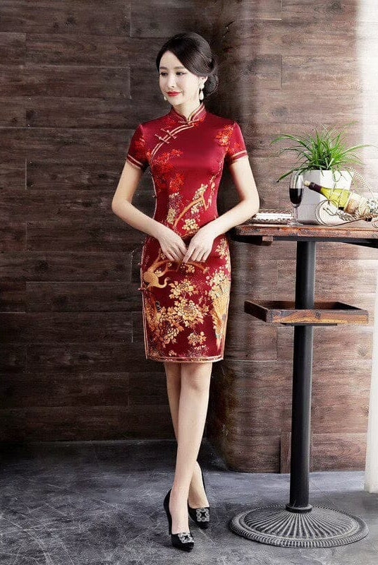 Beth and Brian Qipao-WXG 19 mome mulberry silk, High-end, wine red midi Cheongsam