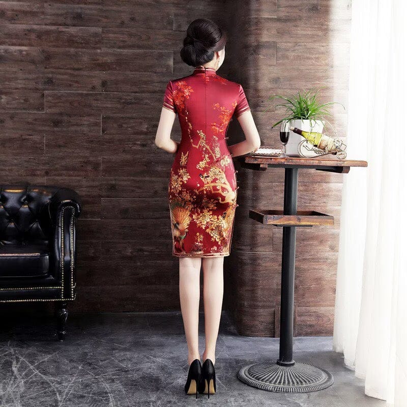 Beth and Brian Qipao-WXG 19 mome mulberry silk, High-end, wine red midi Cheongsam