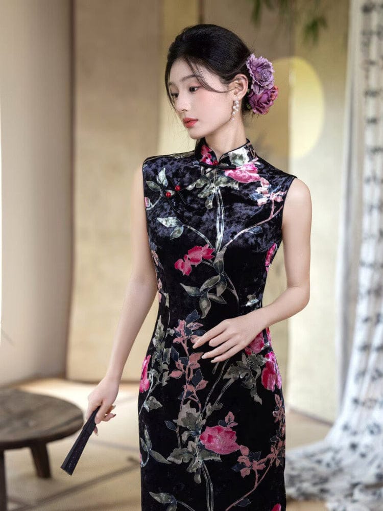 Beth and Brian Qipao-YS Lotus pattern, velvet black long Cheongsam
