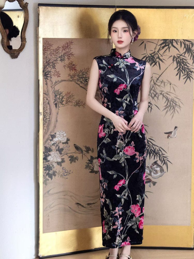 Beth and Brian Qipao-YS Lotus pattern, velvet black long Cheongsam